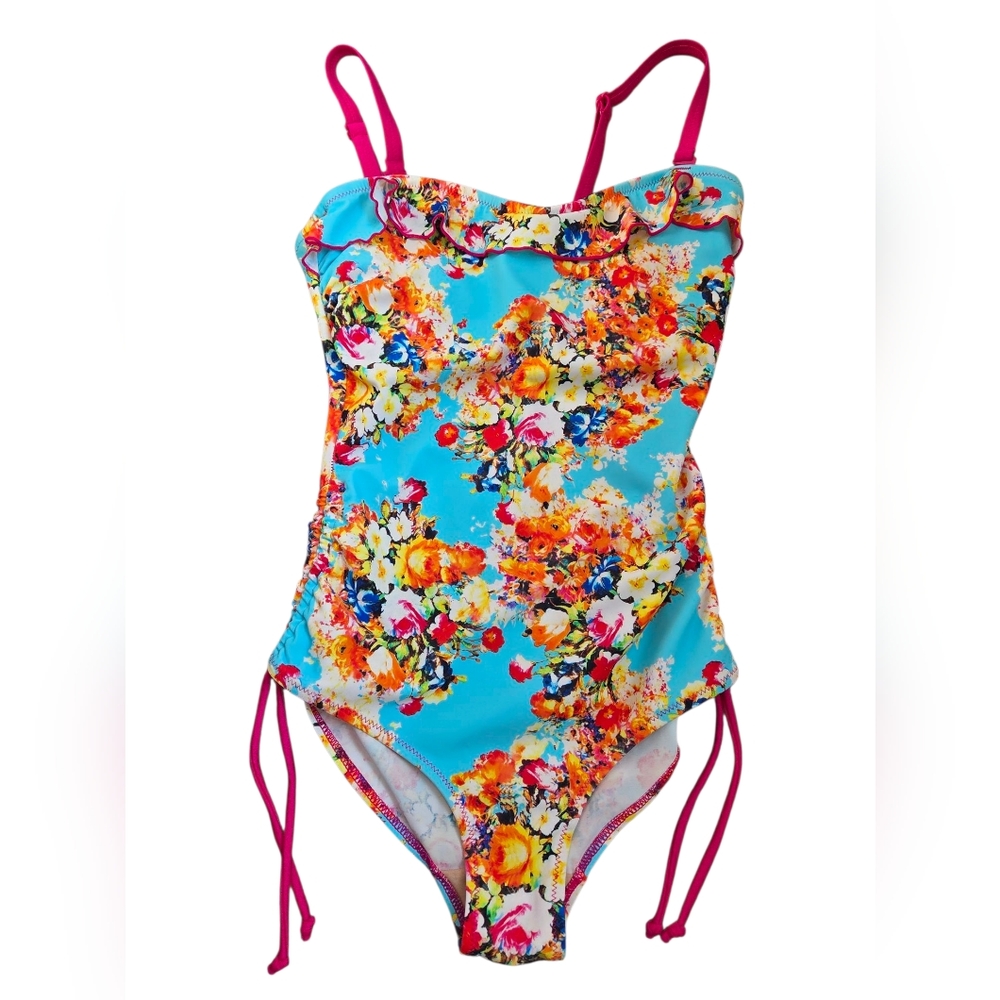 Pour Moi Blue Pink Tropical Floral One Piece Swimsuit Size UK 32DD/US 32DD/E